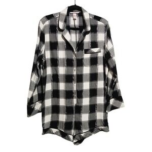 Victoria's Secret Plaid‎ Romper Pajama Black White Silver Long Sleeve M
